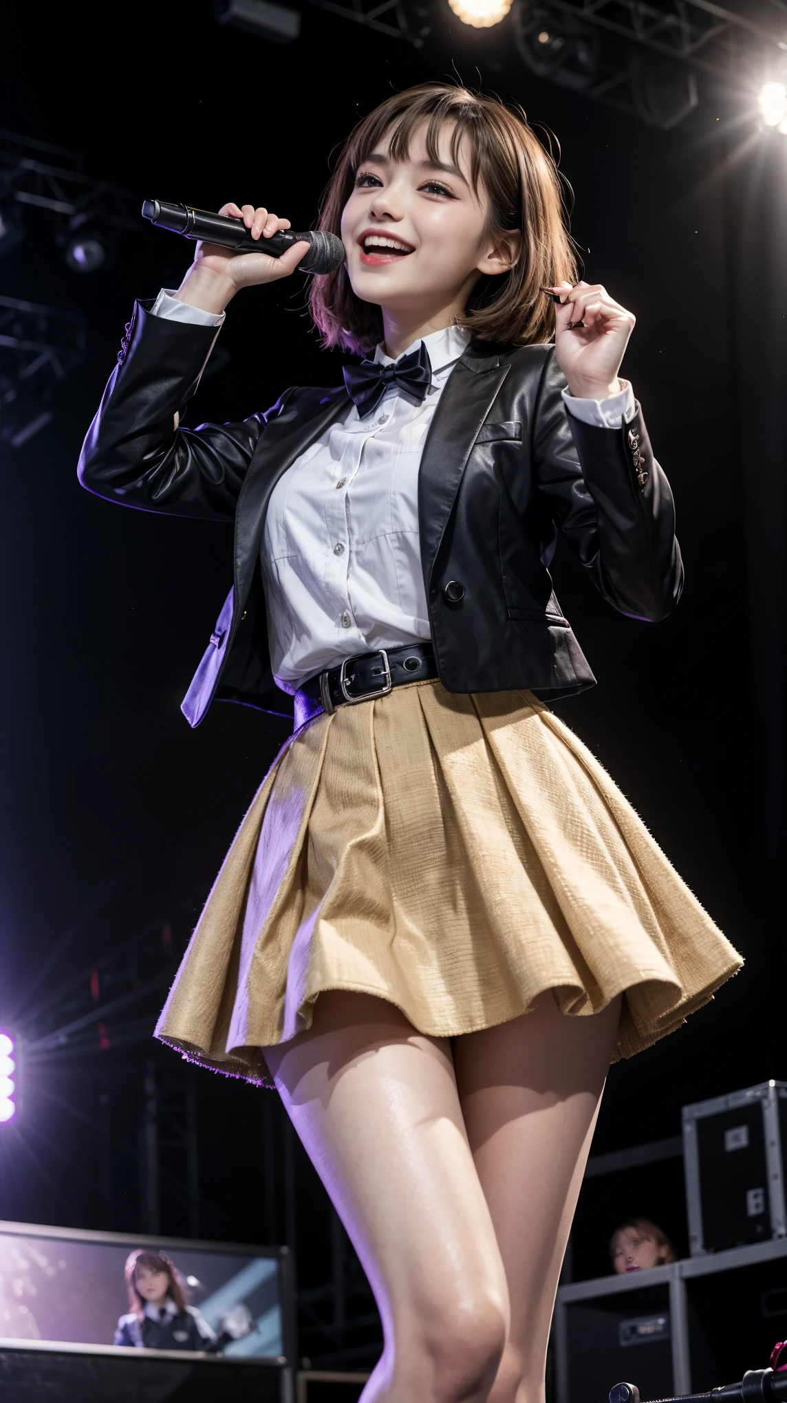 quality,masterpiece,Ultra-high resolution,(Actual:1.4),Original photo,Ultra-high resolution，8K，Wearing Nogizaka46 stage costumes，Fancy makeup with red eyeshadow，Big laughing smile，Short cut with delicate brown hair，A live costume of a high school girl&#39;s uniform mini skirt，Live costume: high school girl uniform jacket，She is jumping with her skirt rising up，Two girl idols，Concert Venues
