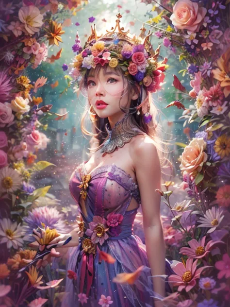 (a girl wearing a crown made of blooming flowerlooming flowers,embodying the harmony between nature and human creativity,high de...