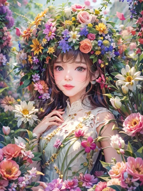 (a girl wearing a crown made of blooming flowerlooming flowers,embodying the harmony between nature and human creativity,high de...