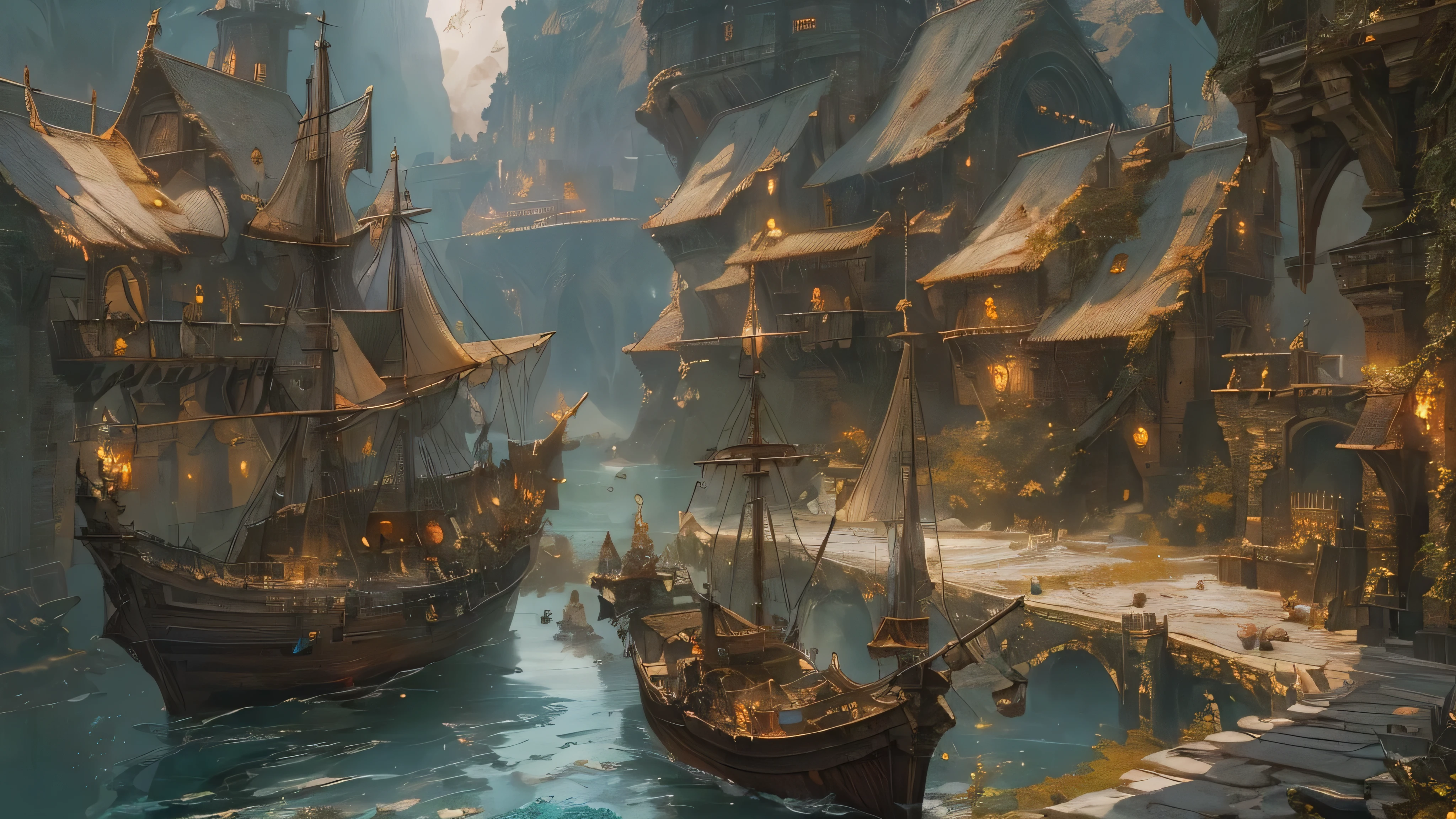 "(by Greg Rutkowski: 1.2), (masterpiece), ((best quality)), extremely delicate and beautiful, illustration, dynamic lighting, (fantasy landscape), A mesmerizing fantasy landscape with enchanting elements blending seamlessly. ((medieval port city (Neverwinter), ships, dungeon and dragons)), A sense of tranquility and wonder fills the air, inviting exploration and discovery. Providing a distant view that captures the grandeur and atmosphere. From Brian Froud and Carne Griffiths and Wadim Kashin and John William Waterhouse, 8K post-production, high resolution, ((highly detailed)), depth of field, HDR, intricate"