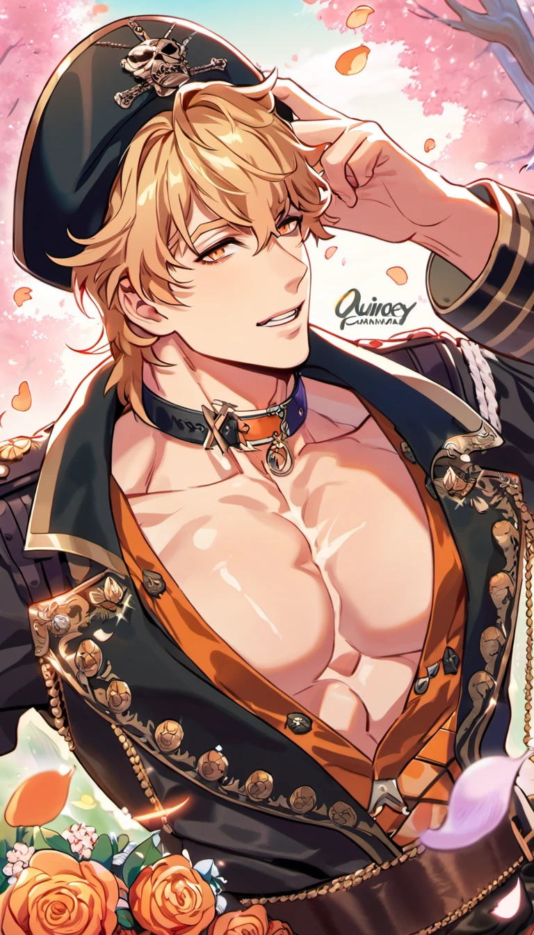 absurdres, highres, ultra detailed, HDR, master piece, best quality, Quincy, blond messy hair, expressive orange eyes, Nu Carnival, solo, sexy man, handsome, horny, black hat, fantasy black pirate clothes, accessories, showing the chest, magical forest, petals, flowers