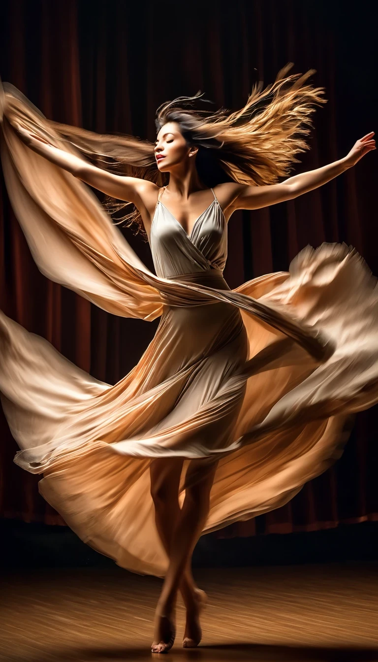 Motion blur portrait, full body portrait, low speed photography of a beautiful woman dancing on a theater stage, flying business long hair, she struggles to break free of her undergarments with only a piece of cloth adorning her natural state, photographed in an understated, realistic, hyper-realistic style,Looking up，Bottom-up，