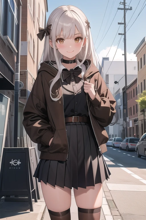 masterpiece, highest quality, High resolution, BBS, melusine, (brown eyes:1.5), long hair, white hair, sidelocks,, black choker, bow tie, Collared shirt, hoodie, Black jacket, Open clothes, Long sleeve, Grey Skirt, Pleated skirt, Black knee socks, Are standing, Cowboy Shot, smile, Outdoor