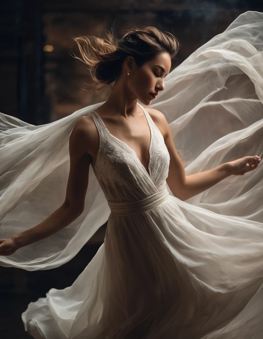 Motion blur portrait, full body portrait, low speed photography of A beautiful woman dancing theater stage, she works to free herself from the underwire and the only cloth left adorning her natural state, in the style of low-key shot, photorealistic, hyperrealistic,