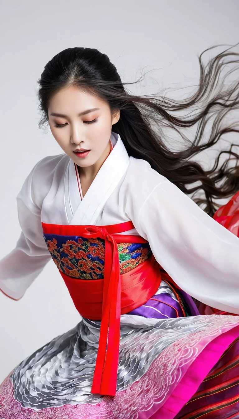 （Motion blur）,（Blurred motion lines） ，black and white close up, white background, (a beautiful girl in an intricate and colorful hanbok is passionately beating a Chinese drum: 1.3), translucent dormant air particles on the hem of the skirt, professional fashion photography, super macro, (unusually much long wavy hair flying wildly: 1.2), super detailed textures, tilted shifting of the hands and the face, poster style, minimalist, nikon, Hasselblad, Canon, Fujifilm,16K