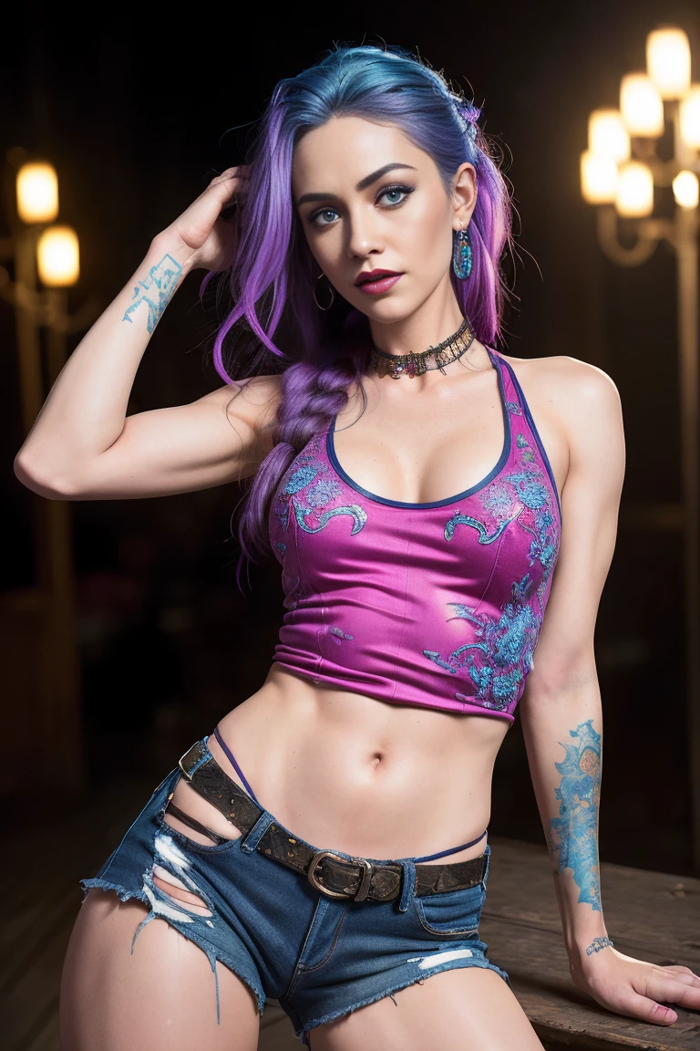 ผลงานชิ้นเอก, Jinx จาก Arcane, เสื้อกล้าม, กางเกงยีนส์ขาดๆ, พื้นหลังที่มีรายละเอียดซับซ้อน, (ยูเอชดี, วอลล์เปเปอร์ 8k, ความละเอียดสูง), แสงภาพยนตร์, ได้รับรางวัล, ผิวที่มีรายละเอียดมาก, ใบหน้าที่มีรายละเอียดเป็นพิเศษ, ดวงตาที่มีรายละเอียดสูง, ภาพถ่ายสมจริง, Zeiss 85 มม. F/1.4, โดย เอลเลน ฟอน อันเวิร์ธ