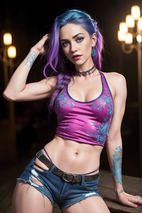 Masterpiece, Jinx from Arcane, tank top, tight ripped jeans, intricately detailed background, (UHD, 8K wallpaper, High resolutio...