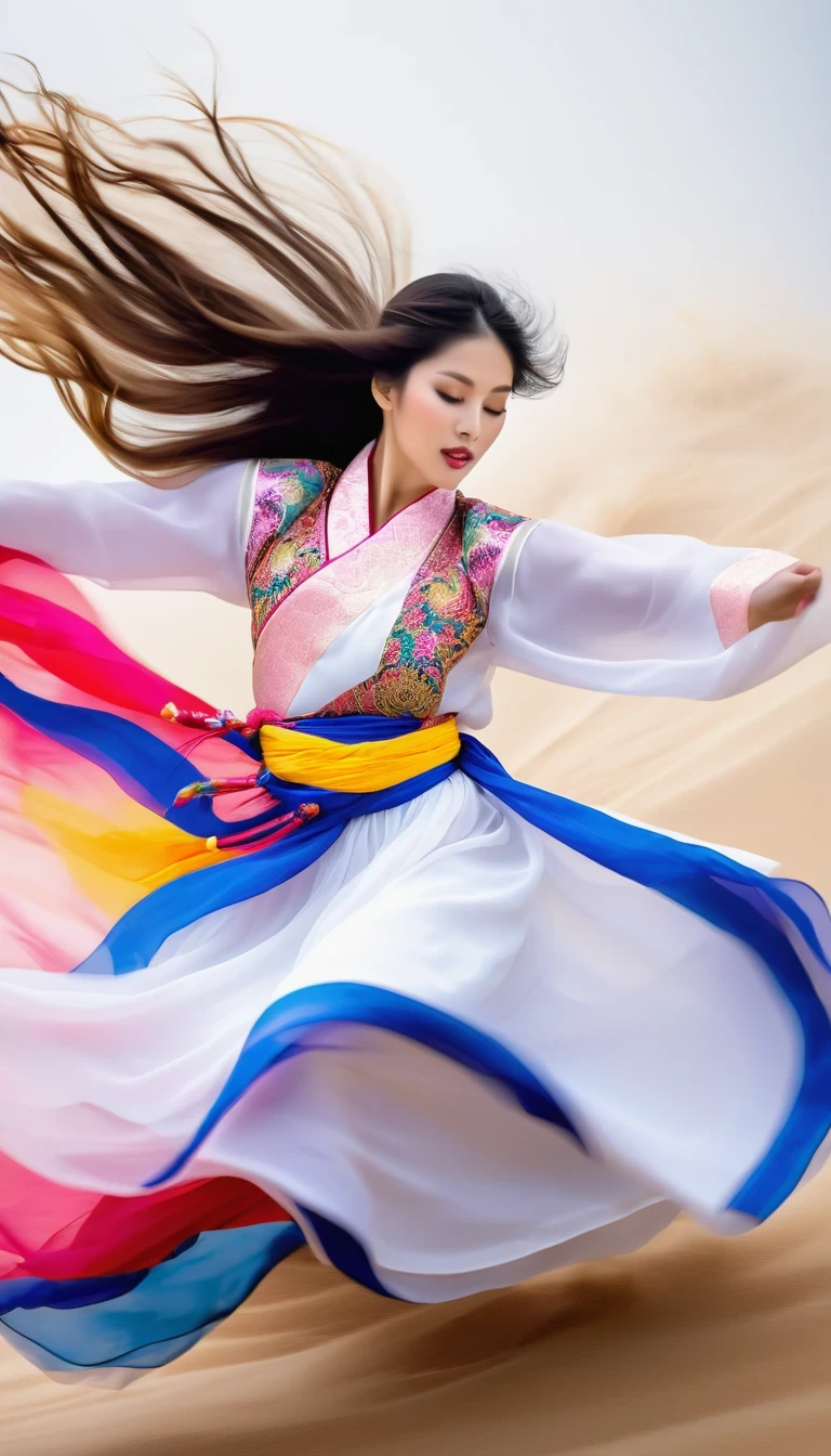 （Motion blur）,（Blurred motion lines） ，black and white close up, white background, (a beautiful girl in an intricate and colorful hanbok is passionately beating a Chinese drum: 1.3), translucent dormant air particles on the hem of the skirt, professional fashion photography, super macro, (unusually much long wavy hair flying wildly: 1.2), super detailed textures, tilted shifting of the hands and the face, poster style, minimalist, nikon, Hasselblad, Canon, Fujifilm,16K