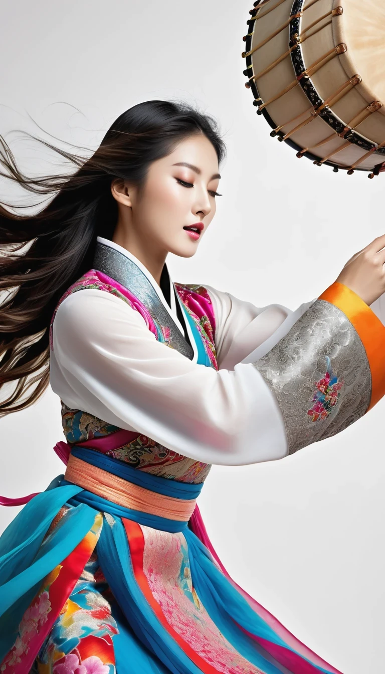 Motion blur, black and white close up, white background, (a beautiful girl in an intricate and colorful hanbok is passionately beating a Chinese drum: 1.3), semi-transparent stinging air particles on the hem of her skirt, professional fashion photography, super macro, unusually much long wavy hair flying wildly, super detailed textures, tilted shifted hands and face, poster style, minimalist, Nikon, Hasselblad, Canon, Fujifilm, 16K