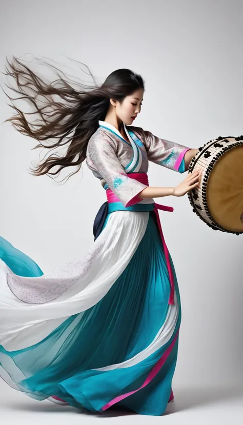 motion blur, black and white close up, white background, (a beautiful girl in an intricate and colorful hanbok is passionately b...