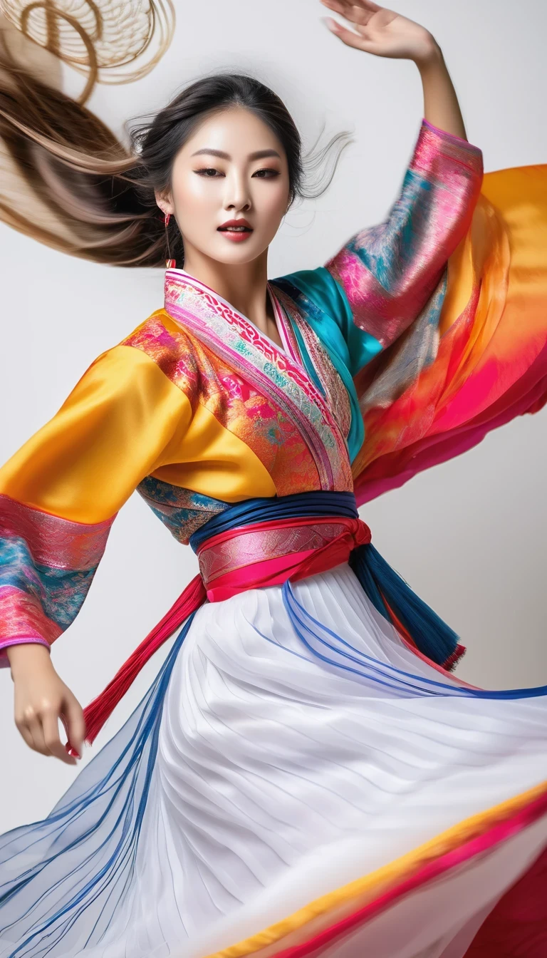 Motion blur, black and white close up, white background, (a beautiful girl in an intricate and colorful hanbok is passionately beating a Chinese drum: 1.3), translucent dormant air particles on the hem of the skirt, professional fashion photography, super macro, (unusually much long wavy hair flying wildly: 1.2), super detailed textures, tilted shifting of the hands and the face, poster style, minimalist, nikon, Hasselblad, Canon, Fujifilm,... 16K