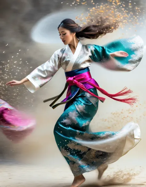 Motion blur, black and white close up, white background, (a beautiful girl in an intricate and colorful hanbok is passionately b...