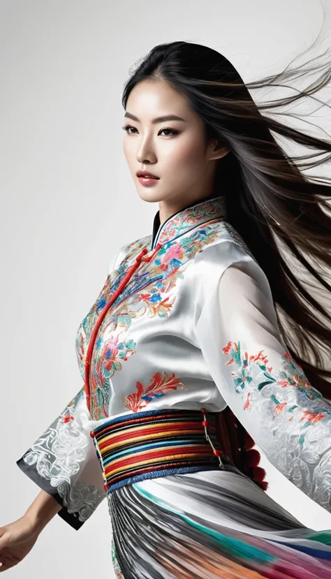 Motion bluMotion blur, black and white close up, white background, (a beautiful girl in an intricate and colorful Chinese dress ...