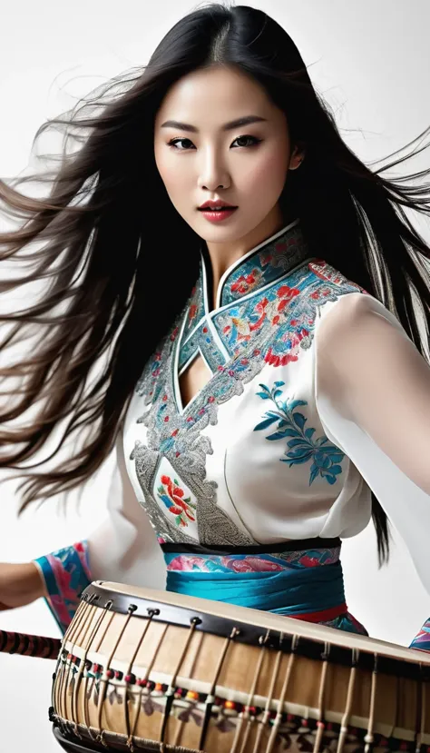 Motion bluMotion blur, black and white close up, white background, (a beautiful girl in an intricate and colorful Chinese dress ...