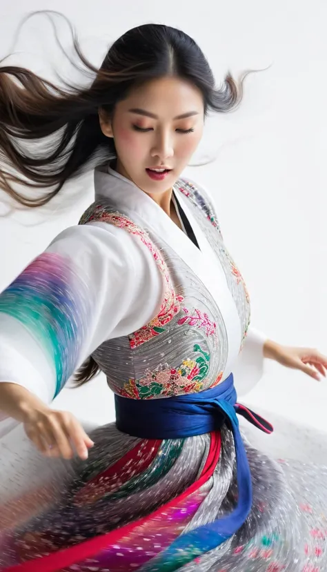 Motion blur, black and white close up, white background, a woman in an intricate and colorful hanbok dress, spinning frantically...