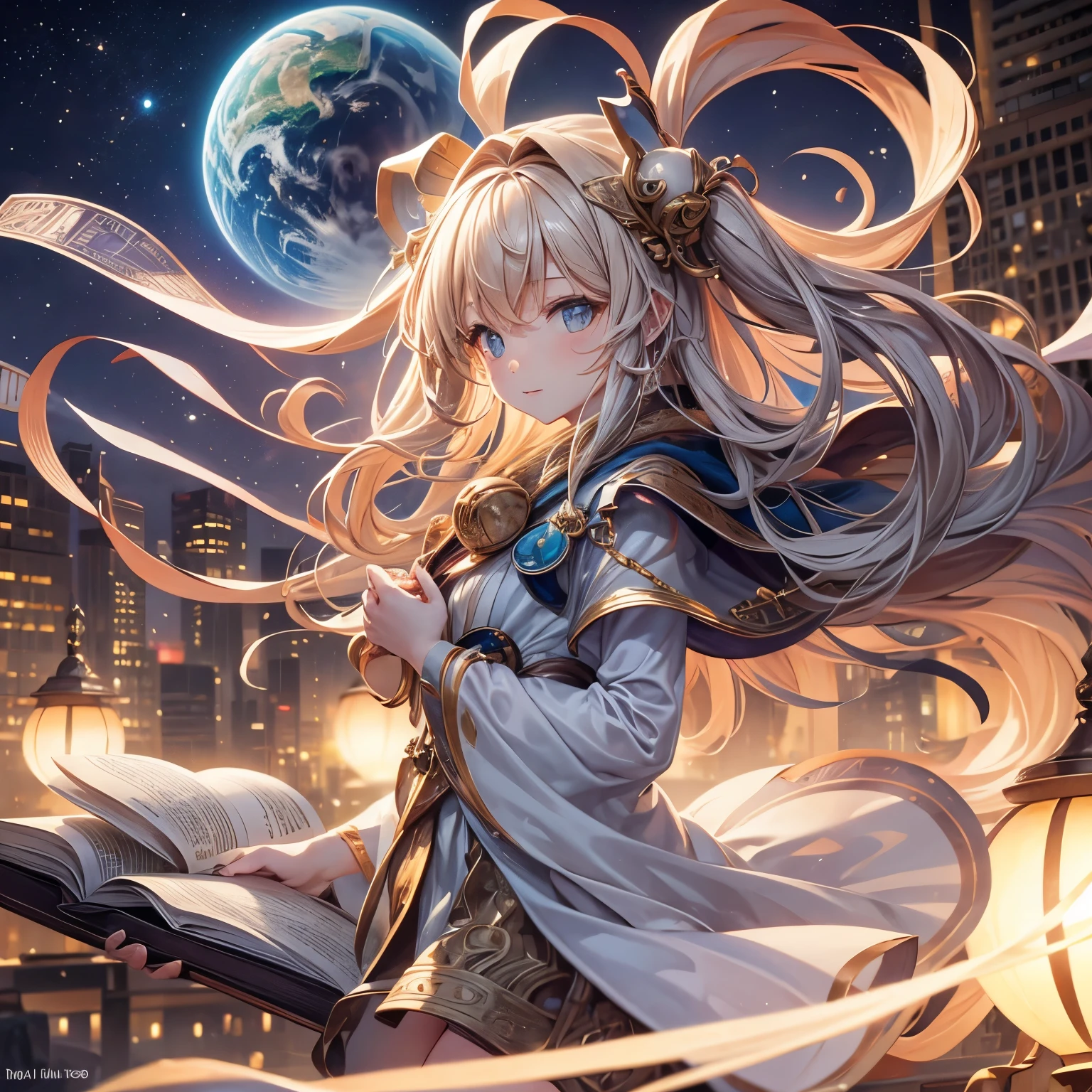 Two hands holding an open book, A planet shaped like a lamp appeared from the book, City background with people, Blurred background, True-to-life imagery.