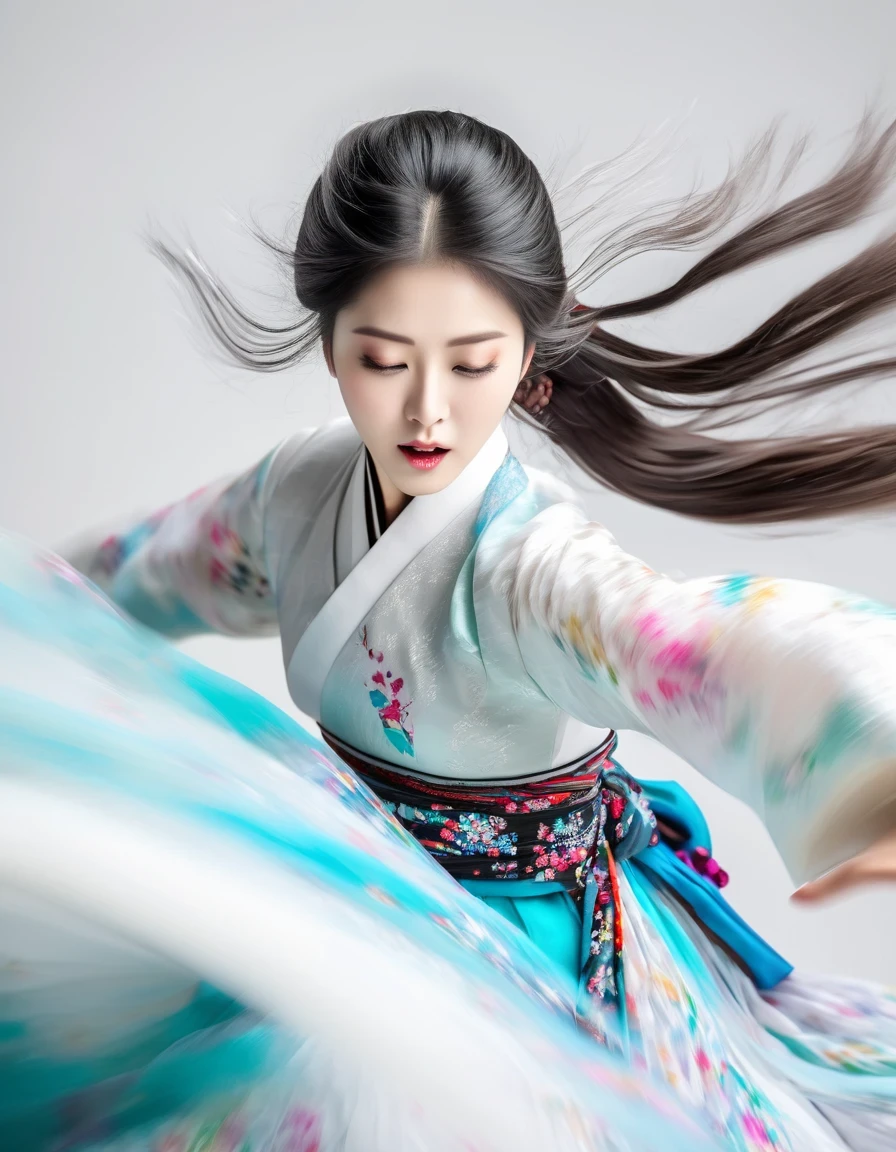 Motion blur, black and white close up, white background, a woman in an intricate and colorful hanbok dress, spinning frantically, translucent stinging air particles on the hem of the dress, professional fashion photography, super macro, unusually rich and super detailed texture of long wavy hair, poster style, minimalist ::1, tilt shift of hands and face, Nikon, Hasselblad, Canon, Fuji, 16K
