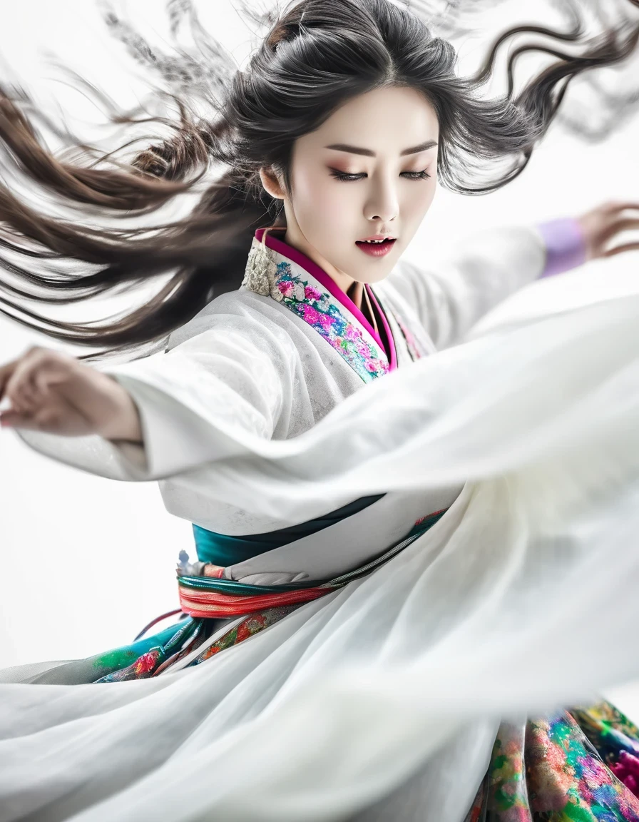 Motion blur, black and white close up, white background, a woman in an intricate and colorful hanbok dress, spinning frantically, translucent stinging air particles on the hem of the dress, professional fashion photography, super macro, unusually rich and super detailed texture of long wavy hair, poster style, minimalist ::1, tilt shift of hands and face, Nikon, Hasselblad, Canon, Fuji, 16K
