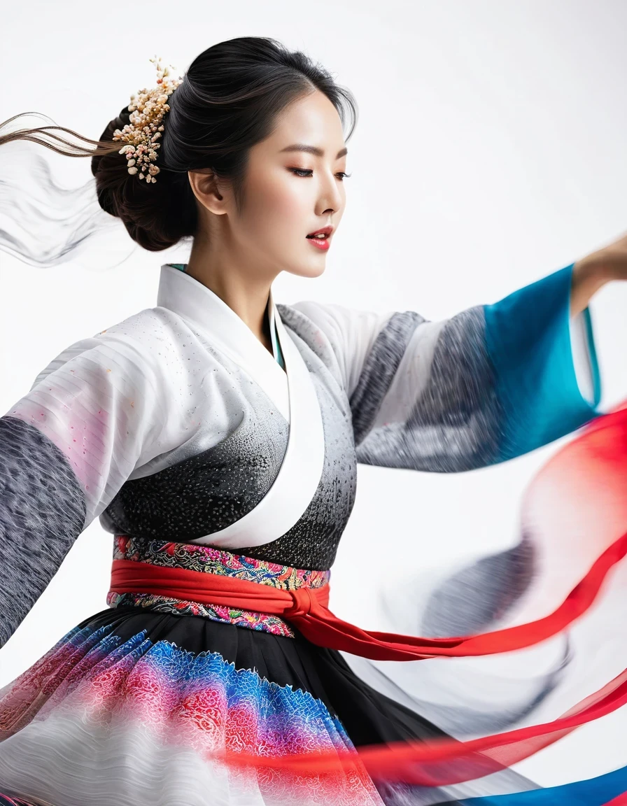 Motion blur, black and white close up, white background, a woman in an intricate and colorful hanbok dress, spinning frantically, translucent stinging air particles on the hem of the dress, professional fashion photography, super macro, extraordinarily rich and super detailed texture of long wavy hair, poster style, minimalist, tilted shifted hands and face, nikon, hasselblad, canon, fuji, 16k
