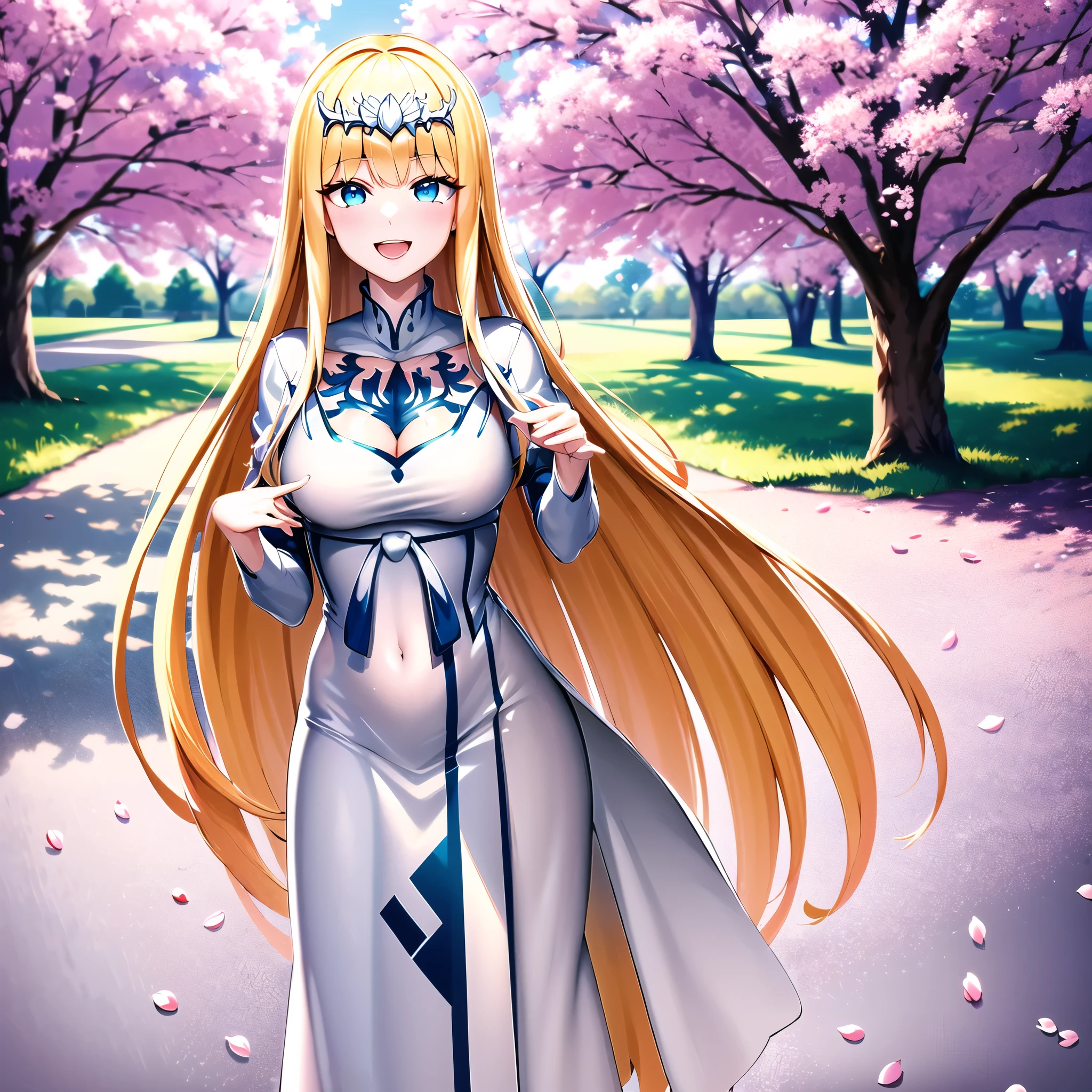 masterpiece, best quality, highres, aatakina, , reaching out, cherry blossoms, outdoors, petals, standing, cowboy shot, smile, open mouth, 1girl,solo, Calca, Calca Bessarez, blonde hair, extremely long hair, very long hair, white tiara, silver tiara, white dress, blue eyes, medium chest