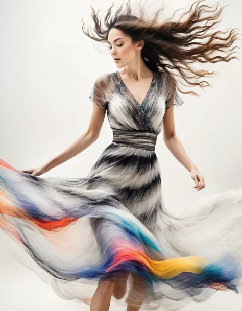 Motion blur Black and white close up, white background, a woman in an intricate colorful dress with translucent stinging air par...