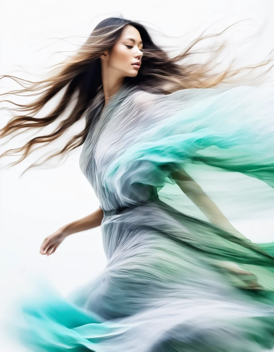 Motion Blur，black and white close up profile view of a woman in a complex colorful dress of misty translucent dormant air particles, on white background, professional fashion photography, super macro,hyper detailed texture of wavy long hair, poster like, japanese minimalism::1, tilt-shift on hands and face, nikon, hasselblad, canon, fujifilm, 8k, 16, 32k,