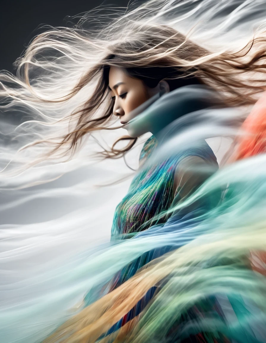 Motion Blur，black and white close up profile view of a woman in a complex colorful dress of misty translucent dormant air particles, on white background, professional fashion photography, super macro,hyper detailed texture of wavy long hair, poster like, japanese minimalism::1, tilt-shift on hands and face, nikon, hasselblad, canon, fujifilm, 8k, 16, 32k,