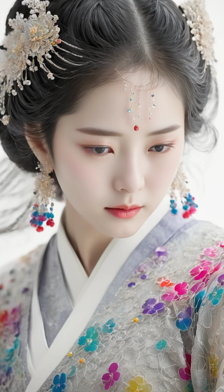 Black and white close up, white background, a woman wearing an intricate and colorful hanbok dress with translucent stinging air particles on the hem, professional fashion photography, super macro, super detailed texture of long wavy hair, poster style, minimalist ::1, tilt-shift of hands and face, Nikon, Hasselblad, Canon, Fuji, 16K
