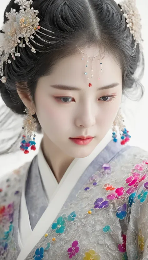Black and white close up, white background, a woman wearing an intricate and colorful hanbok dress with translucent stinging air...