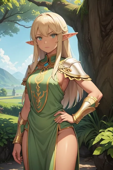 tan skin, elf, sacred armor, glaring at viewer, yggdrasil guardian, yggdrasil in the background,