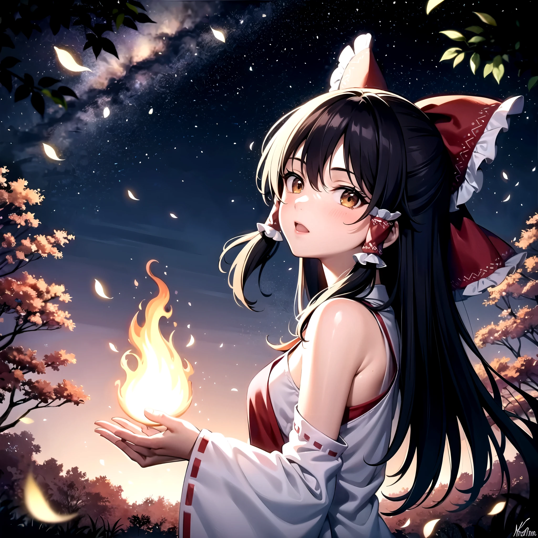 detailed background, masterpiece, best quality, 1girl, hakurei reimu, brown hair, hair tubes, hair ribbon, brown eyes, nontraditional miko, a forest full of purple and white trees, fireflies, water, purple theme, white theme, mystical, magical, black hair