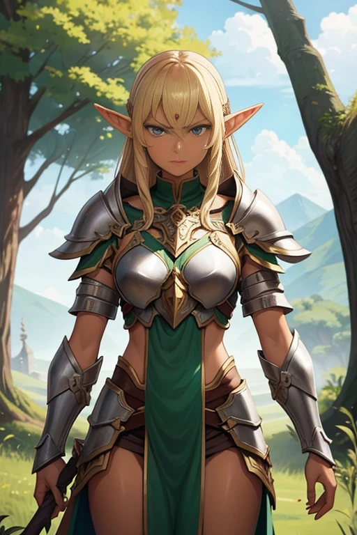 Tan skin, elf, sacred armor, glaring at viewer, Yggdrasil guardian, yggdrasil in the distance,