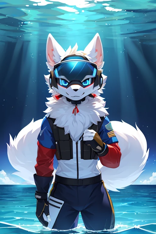 ((best quality, Masterpiece, perfect anatomy, Detailed pictures)), 1 man, arctic protogen,  arctic white wolf, Long visor, blue visor, blue eyes, Big Pong, Future military clothing, fluffy tail, red red, shy, in the sea, front view