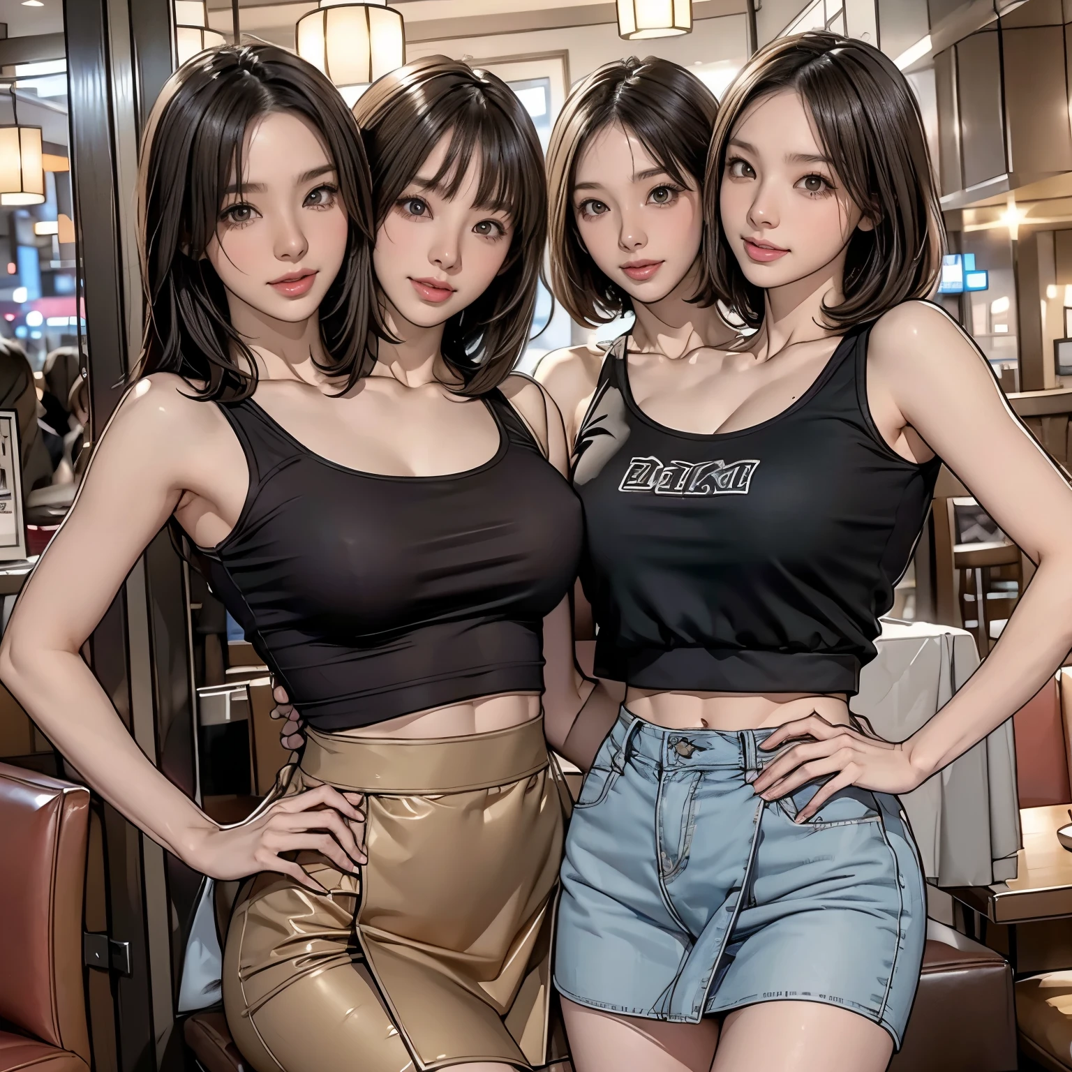 1girl, 21 years old,  couple focus ,    japanese girls,  (smile:0.7) ,  Upper body, Please think back, black boat-neck top, midriff, grinning smile, short hair, curtain bangs, brown hair , sitting at a restaurant table, night time, on a date, (high color saturation:1.0),  (highly detailed skin), (highest quality:1.0), (ultra high resolution:1.0) ,(realistic:1.0), (Super detailed:1.0), (8K, RAW photo:1.1), conjoined_dicephalus, (two heads:1.2)