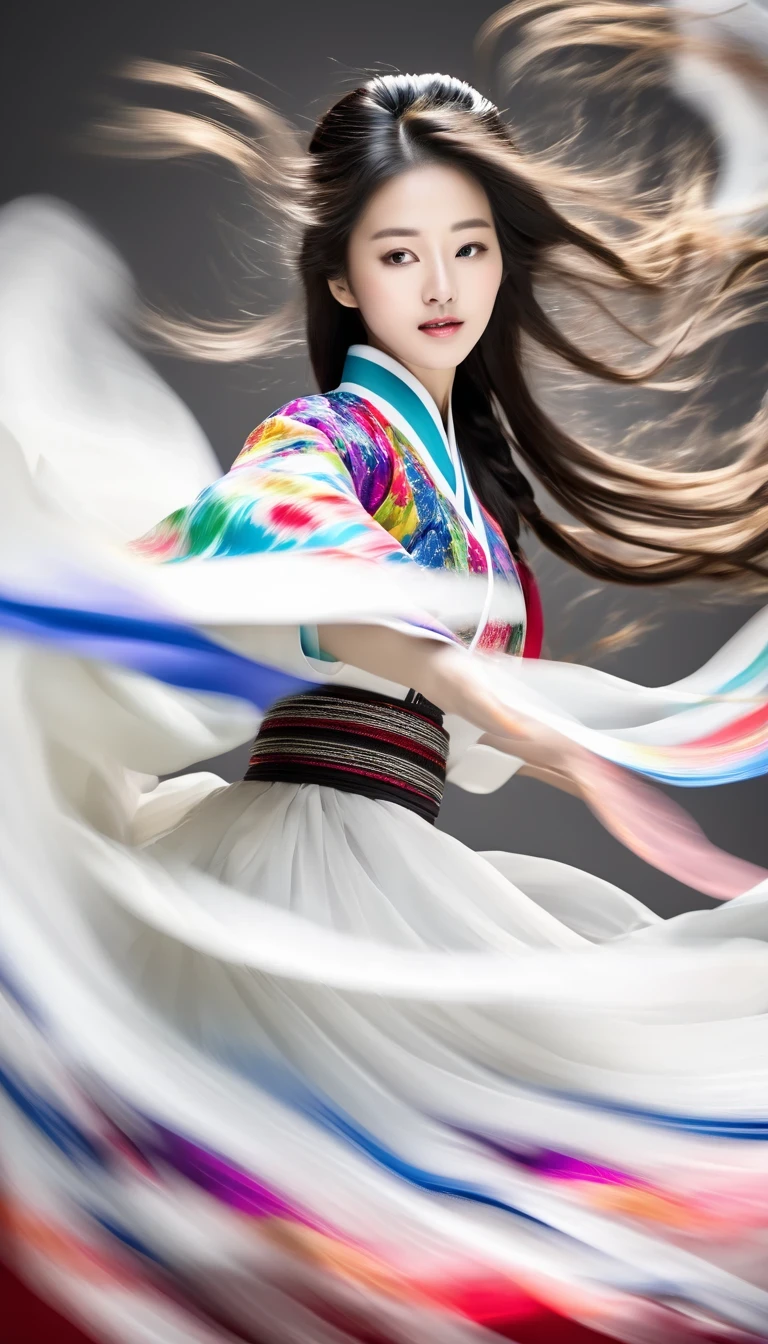 Motion blur, black and white close up, white background, a woman in an intricate and colorful hanbok dress, spinning frantically, translucent stinging air particles on the hem of the dress, professional fashion photography, super macro, unusually rich and super detailed texture of long wavy hair, poster style, minimalist ::1, tilt shift of hands and face, Nikon, Hasselblad, Canon, Fuji, 16K
