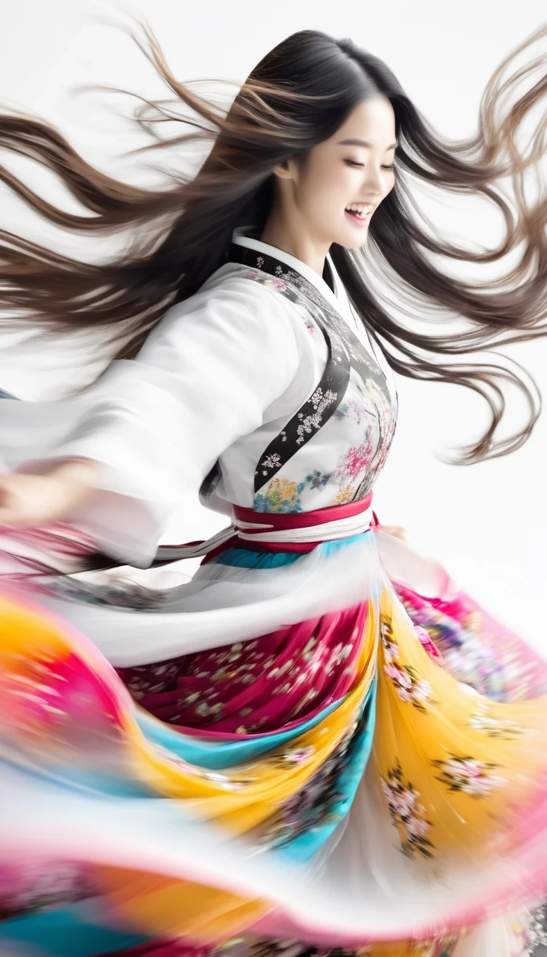 Motion blur, black and white close up, white background, a woman in an intricate and colorful hanbok dress, spinning frantically, translucent stinging air particles on the hem of the dress, professional fashion photography, super macro, unusually rich and super detailed texture of long wavy hair, poster style, minimalist ::1, tilt shift of hands and face, Nikon, Hasselblad, Canon, Fuji, 16K
