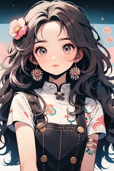 Create a 2D anime-style character girl with cute and sweet features, adorned with a delicate lotus hair ornament,large sparkling...