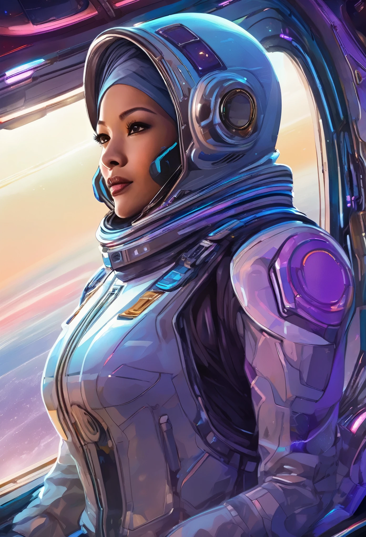 A busty woman, aged 40, from Malaysia, wearing a sexy space suit with a hijab covering her hair, is looking out of a window on her spaceship. The window overlooks a blurred motion of the outside, indicating a high-speed interstellar journey. The woman's confident gaze and the expression on her face suggest a sense of adventure and excitement. The window is surrounded by blinking lights and high-tech gadgets, showcasing the advanced technology and futuristic aesthetic of the spaceship. The lights create a mesmerizing display, illuminating the woman's face and highlighting her intriguing presence. The space suit she wears is sleek and form-fitting, emphasizing her curves and adding to the overall sensuality of the scene. The colors in the artwork are vibrant and dynamic, representing the vastness and beauty of the cosmos. Soft, ethereal blues and purples dominate the color palette, with occasional pops of bright and vivid colors. The lighting inside the spaceship is dim and atmospheric, casting dramatic shadows and enhancing the overall ambiance of the scene. The space ship itself is a marvel of engineering and design, with clean lines and futuristic shapes, seamlessly blending function and aesthetics. Overall, the prompt captures a compelling mix of sensuality and high-tech futurism, creating a visually stunning and captivating scene.