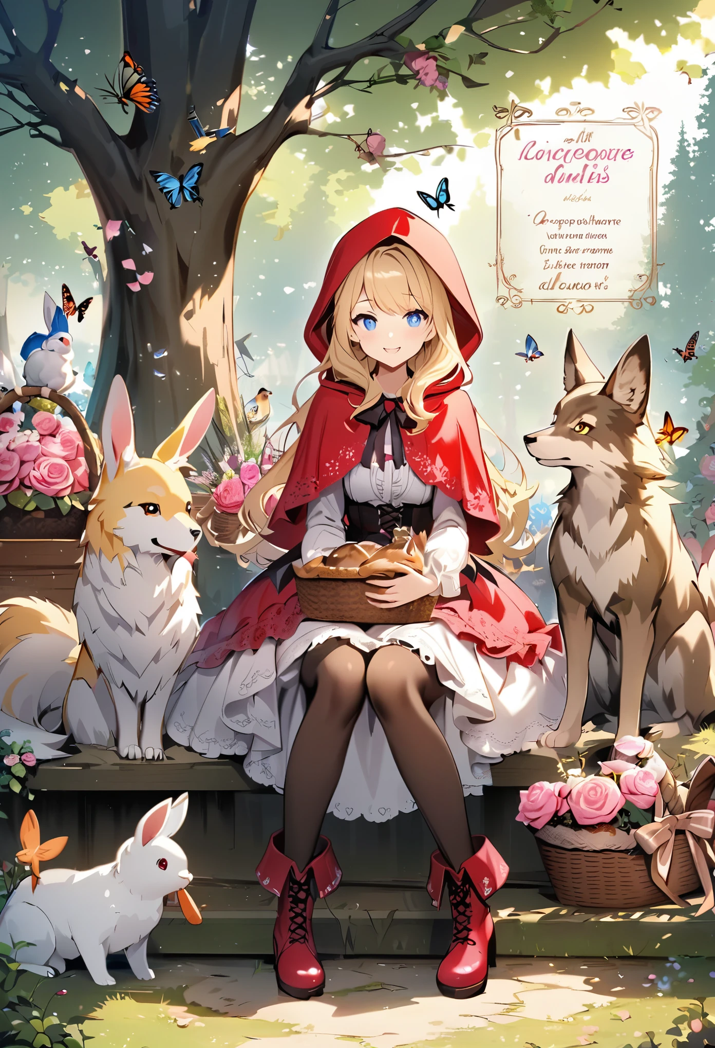 little red riding hood \(grimm\), flower, blonde hair, boots, blue eyes, butterfly, rose, rabbit, bug, pantyhose, pink rose, bird, long hair, sitting, french text, hood, english text, basket, wolf, multiple girls, tree, 1girl, smile, dress, food, pink flower, colors