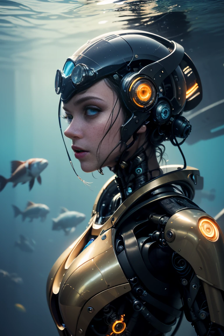 (best quality, 4k, 8k, highres, masterpiece:1.2), ultra-detailed, (realistic, photorealistic, photo-realistic:1.37), cyborg girl, beautiful detailed eyes, beautiful detailed lips, extremely detailed eyes and face, longeyelashes, strong and flexible prosthetics, unique combination of beauty and technology, aquatic environment, underwater exploration, sparkling steely eyes, determination, cybernetic enhancements, merging of man and machine, wonderful future, technology and humanity complement each other, swimming in the marine world,vivid colors, glowing underwater flora and fauna, seamless integration, powerful underwater propulsion, futuristic setting, harmony between organic and mechanical, marvelous future, exploration and adventure.
