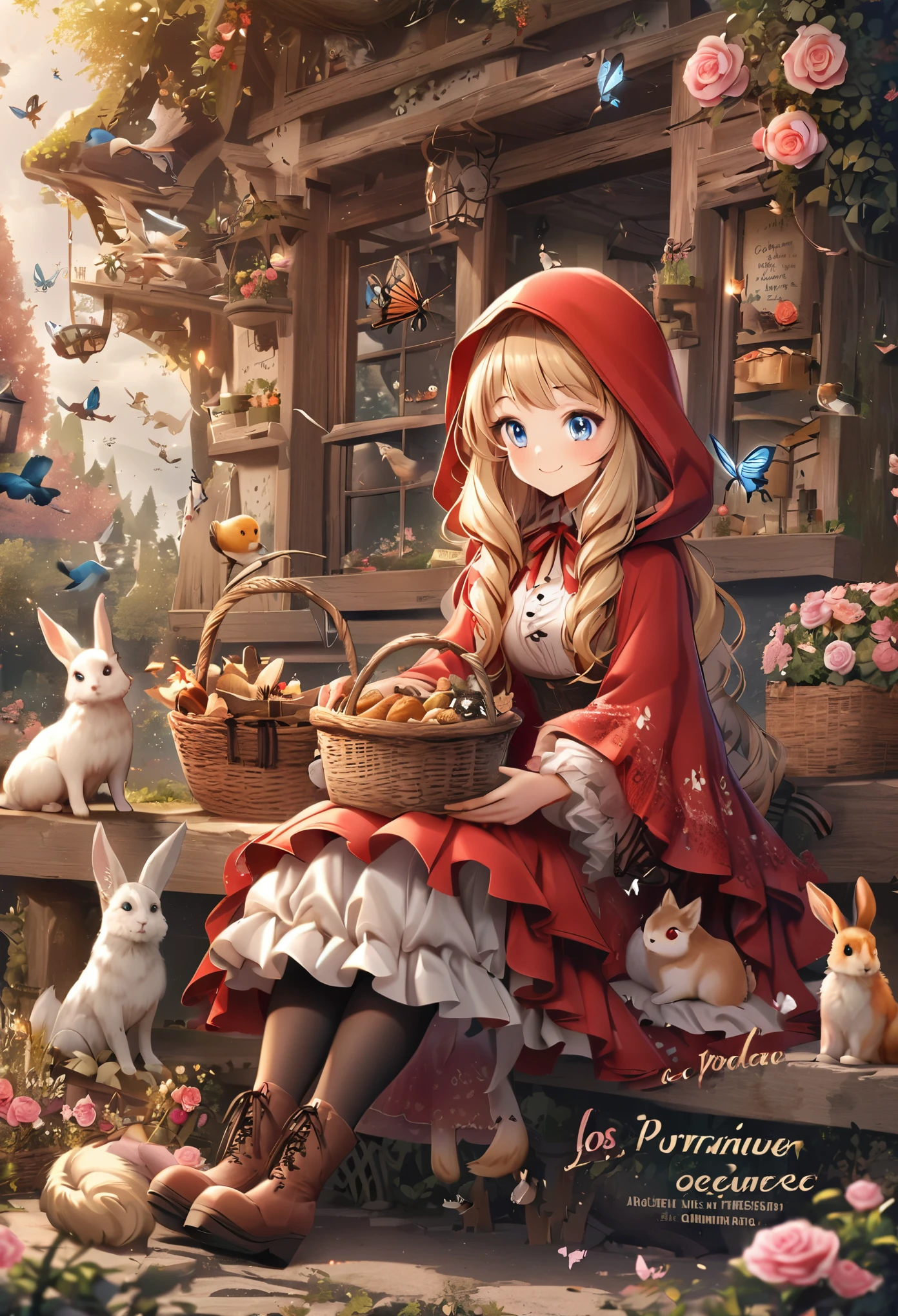 little red riding hood \(grimm\), flower, blonde hair, boots, blue eyes, butterfly, rose, rabbit, bug, pantyhose, pink rose, bird, long hair, sitting, french text, hood, english text, basket, wolf, multiple girls, tree, 1girl, smile, dress, food, pink flower, colors