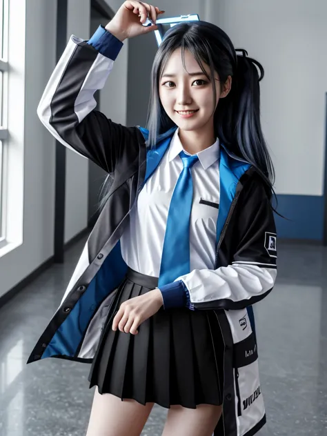 masterpiece, hd, realistic, cosplayer m, korean girl, 18 y.o, alice, black hair, blue eyes, long hair, wear gaming jacket, white...