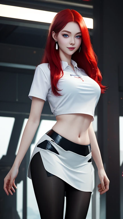 Ultra realistic, 16k, best quality, high resolution, 1 girl, 17 years old, long red hair, blue eyes, pale white skin, flushed cheeks, cute face, earrings, transparent shirt, sexy black latex skirt, medium detailed hot breasts, tall hot body, sexy smile, sensual posture, full-length sexy pantyhose, Battle ruins, wide hips, thick legs, torn clothes, blurred background, depth, dream aesthetic, dream atmosphere, cinematic lighting.