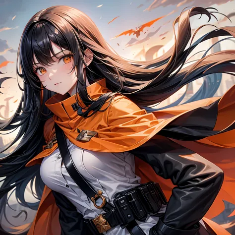 Long black hair white 17 year old girl wearing military uniform, Orange cape, Big brown eyes, Science Fiction, dark mood, chartu...