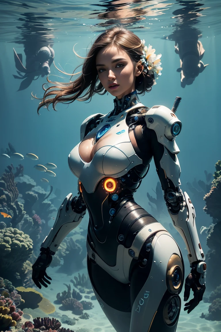 (best quality, 4k, 8k, highres, masterpiece:1.2), ultra-detailed, (realistic, photorealistic, photo-realistic:1.37), cyborg girl, beautiful detailed eyes, beautiful detailed lips, extremely detailed eyes and face, longeyelashes, strong and flexible prosthetics, unique combination of beauty and technology, aquatic environment, underwater exploration, sparkling steely eyes, determination, cybernetic enhancements, merging of man and machine, wonderful future, technology and humanity complement each other, swimming in the marine world, vivid colors, glowing underwater flora and fauna, seamless integration, powerful underwater propulsion, futuristic setting, harmony between organic and mechanical, marvelous future, exploration and adventure.