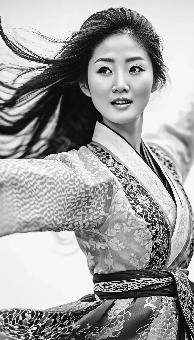 in style of Street photography, beautiful detailed，Motion blur, black and white close up, white background, a woman in an intricate and colorful hanbok dress, spinning frantically, translucent stinging air particles on the hem of the dress, professional fashion photography, super macro, unusually rich and super detailed texture of long wavy hair, poster style, minimalist , tilt shift of hands and face, Nikon, Hasselblad, Canon, Fuji, 16K
