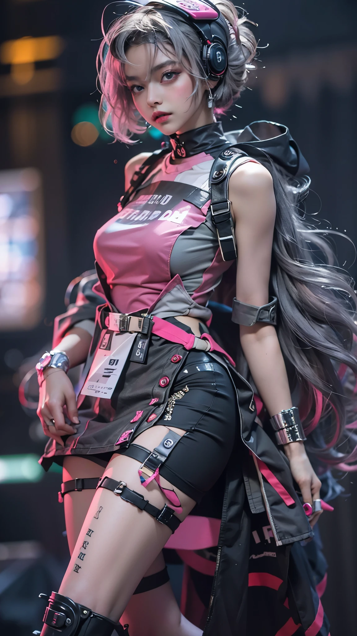 offcial art, Unity 8k wallpaper, Ultra detailed, Beautiful and aesthetic, Beautiful, Masterpiece, Best quality, 8K, Skin texture:1.4, tmasterpiece:1.4,Pose behind beauty，(Cyberpunk style Lolita costume in random colors)，(Focus on the knee)，The face is clear，