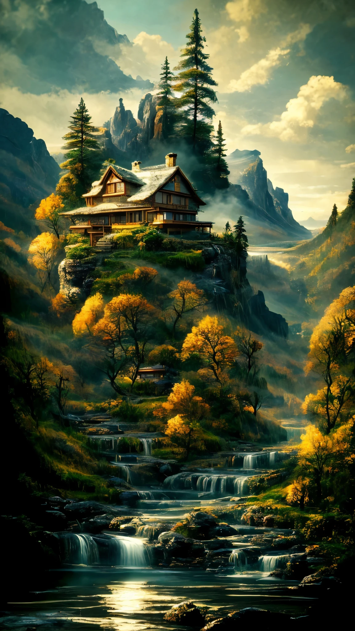 Painting of a breathtaking waterfall cascading down in a mountainous region, with a quaint house perched atop a vertical cliff, heavily inspiring a vertical wallpaper. This 4k and 8k masterpiece showcases the intricate details of the scenic background, as the waterfall's crystal-clear waters flow gracefully down the mountain, creating a dramatic and aesthetic scene. Fine lines and textures are precisely rendered, with a matte finish that accentuates the realistic and immersive feel. The quaint house, in warm tones, blends seamlessly into the environment, adorned with lovely gardens and chimney smoke wafting gently through the cool mountain air