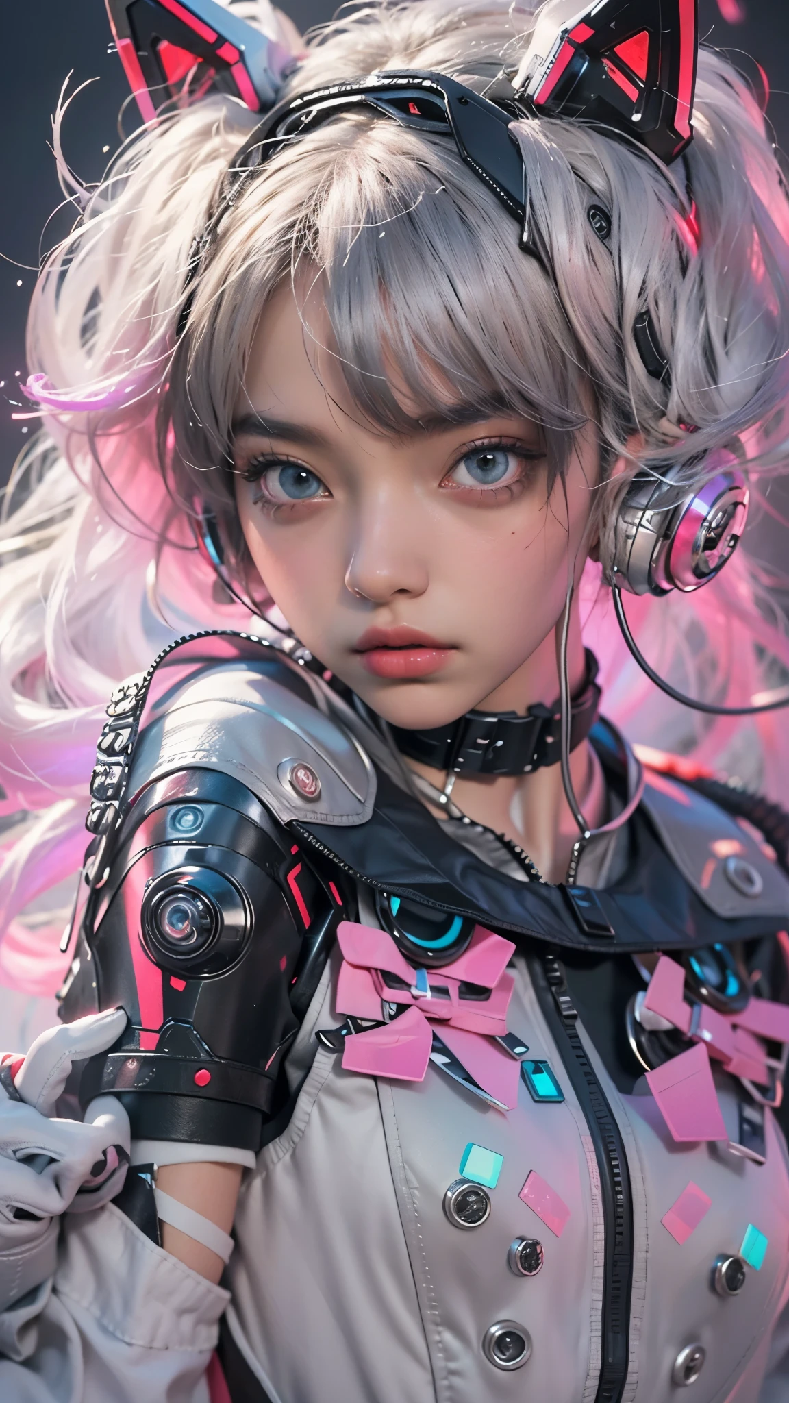 offcial art, Unity 8k wallpaper, Ultra detailed, Beautiful and aesthetic, Beautiful, Masterpiece, Best quality, 8K, Skin texture:1.4, tmasterpiece:1.4,Pose behind beauty，(Cyberpunk style Lolita costume in random colors)，(Focus on the knee)，The face is clear，