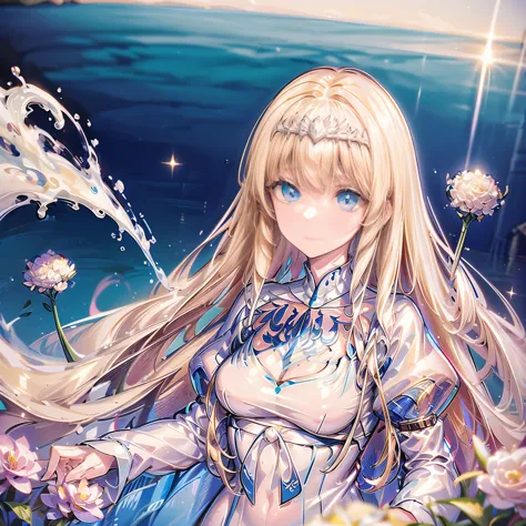 1 girl，(introvert) and shy，thin，flowers，natural expression, solo, Calca, Calca Bessarez, blonde hair, extremely long hair, very long hair, white tiara, white dress, blue eyes, medium chest